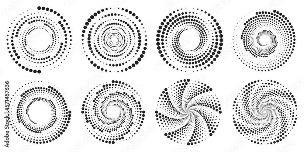 Poster dotted circles pattern. abstract half tone graphic set. circular textured round spiral frames. vecto