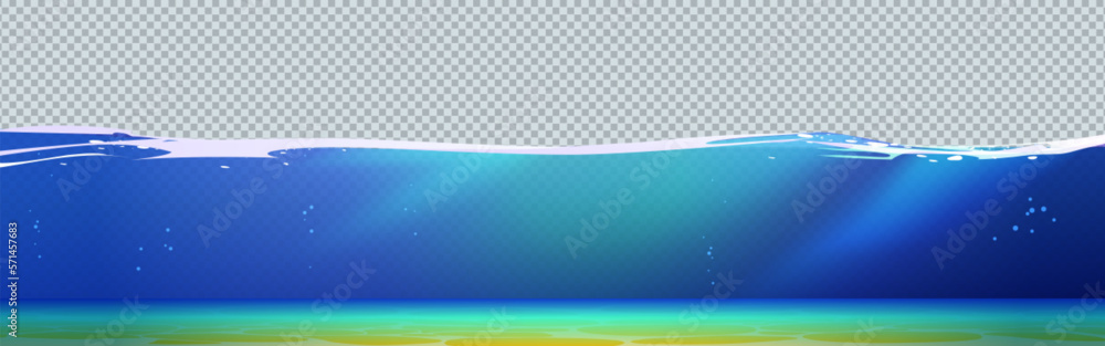 Poster isolated ocean water surface, seabed vector game background. cartoon waterline and waves overlay wit