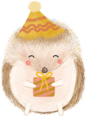 Watercolor adorable hedgehog holding gift box. Cute hedehog celebrating birthday party illustration isolated on white background.