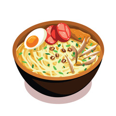 Soto Mie Ayam. Chicken noodle with egg and tomato. Indonesian gourmet yummy food vector illustration isolated on plain white square background. Food drawing with cartoon simple flat colored art style.