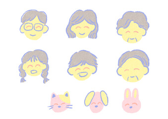 Simple and pop smiling family and pet Cute hand-drawn illustration set of colored pencils/crayons / シンプルでポップな笑顔の家族とペット 色鉛筆/クレヨンのかわいい手描きのイラストセット