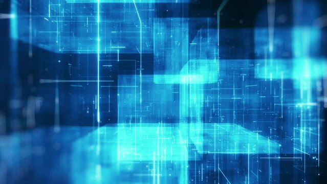 Block chain concept. Isometric digital blocks connection with each other and shapes crypto chain. Big data binary code futuristic information technology, Transferring of big data. 3D Rendering.