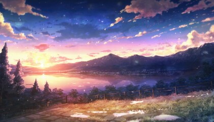 Obraz premium Anime Landscapes: A Vibrant Journey Through Imagined Realms, ai generative