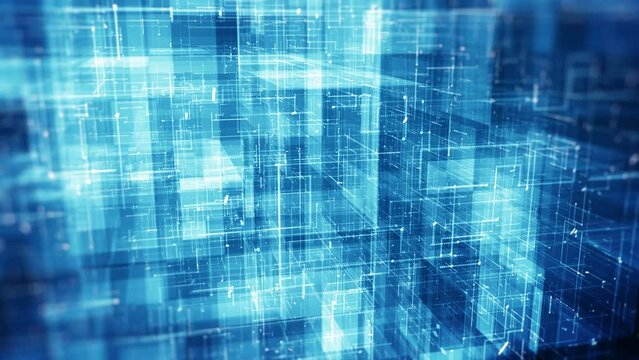 Block chain concept. Isometric digital blocks connection with each other and shapes crypto chain. Big data binary code futuristic information technology, Transferring of big data. 3D Rendering.