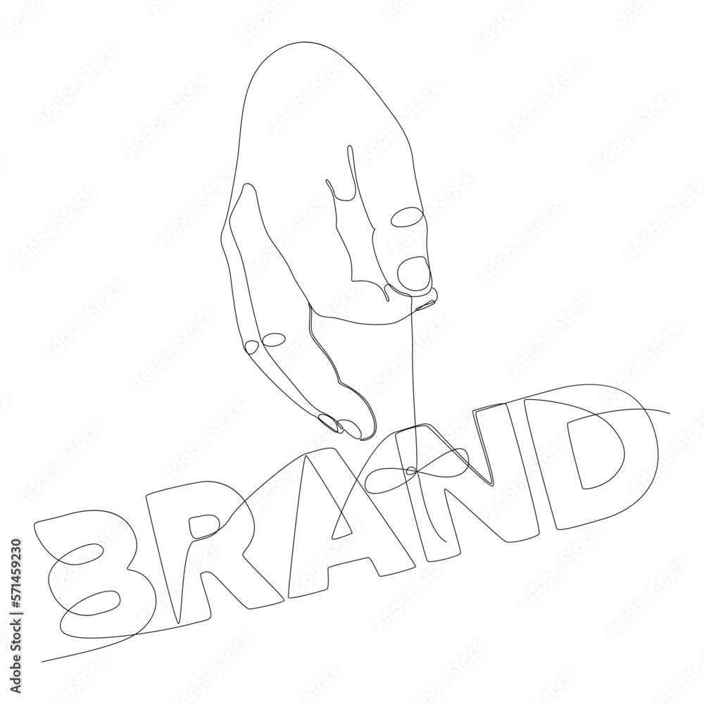 Poster one continuous line of hand holding a string with brand word. thin line illustration vector concept.