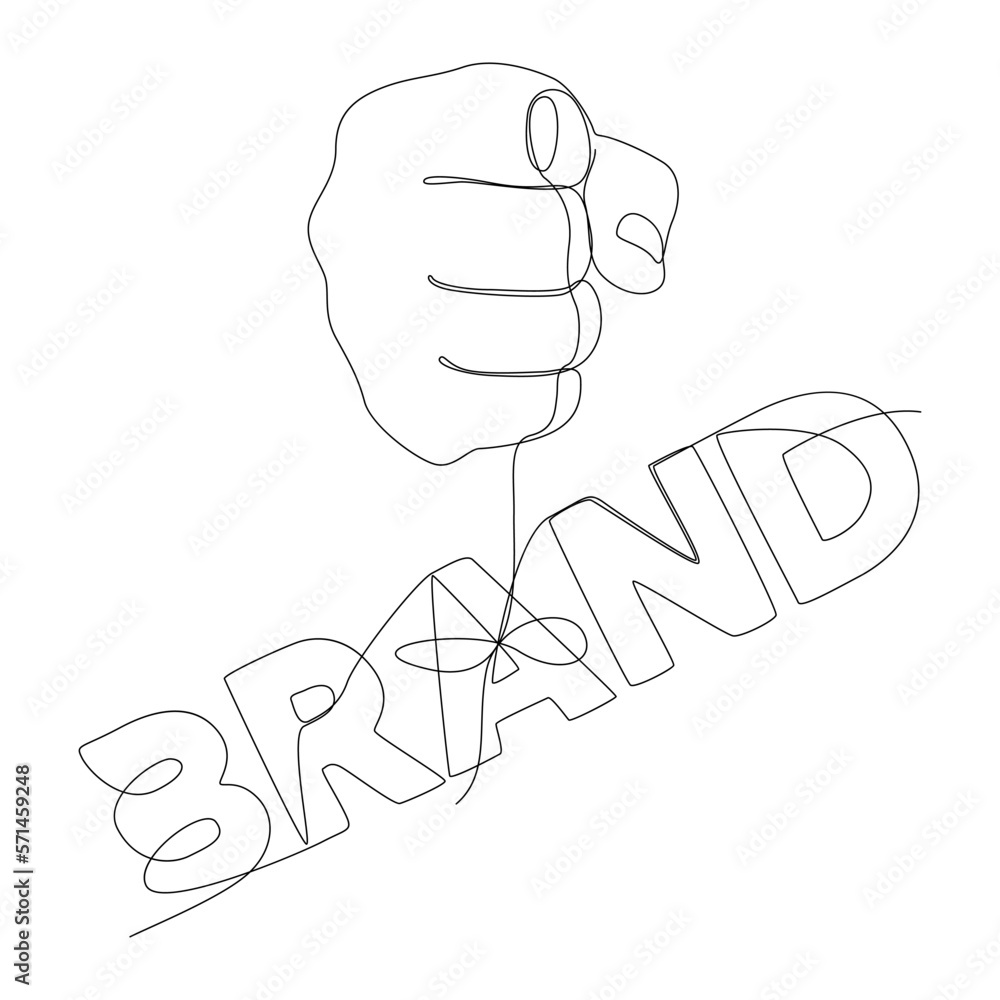 Poster one continuous line of hand holding a string with brand word. thin line illustration vector concept.