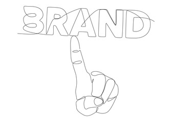 One continuous line of hand showing Brand word. Thin Line Illustration vector concept. Contour Drawing Creative ideas.