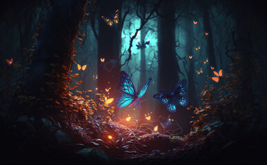 mystic forest with glowing butterflies and magic light, Generative AI