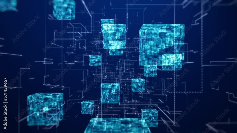 Poster block chain concept. isometric digital blocks connection with each other and shapes crypto chain. bi