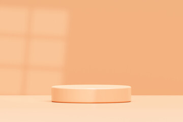 Beige cylinder podium with light pedestal stage product display background 3D illustration empty display scene presentation for product placement