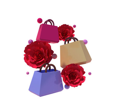 Beautiful shopping bags 3d render with red rose in png file for marketing shopping mall, shopping online banner and etc.