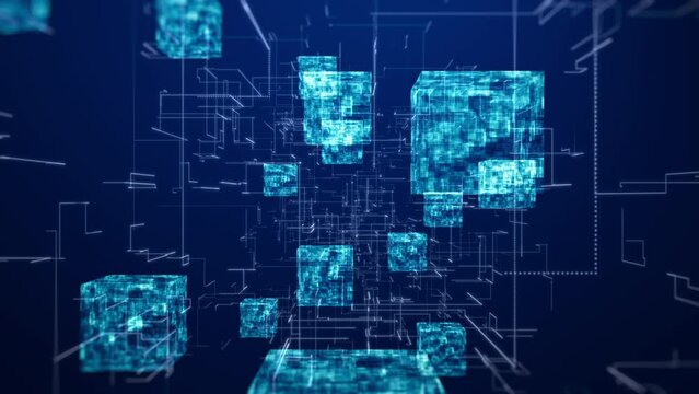 Block chain concept. Isometric digital blocks connection with each other and shapes crypto chain. Big data binary code futuristic information technology, Transferring of big data. 3D Rendering.