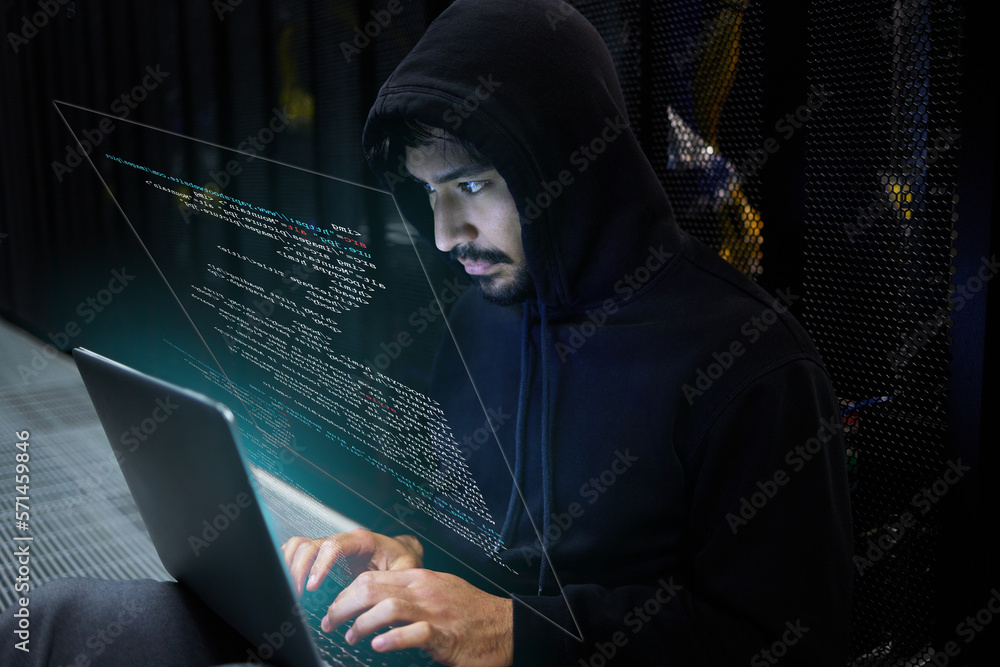Poster Cyber security, coding and hacker in server room with hologram, laptop in data center and stealing sensitive digital information. Technology, software and man hacking in database to update ransomware