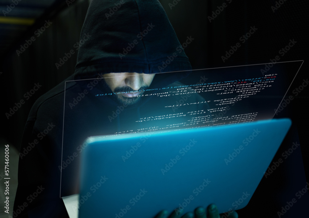 Poster Cyber security, crime and hacker with laptop typing in data center, stealing sensitive digital information and coding. Technology, software and man hacking in database to update ransomware on website