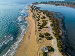 Fototapeta na wymiar Aerial drone photo of Chalikounas Beach and Lake Korission on Corfu Island in Greece