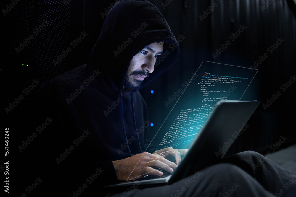 Poster Cyber security, crime and hacker with laptop coding malware in data center stealing sensitive digital information. Technology, software and man hacking in database to update ransomware on website.