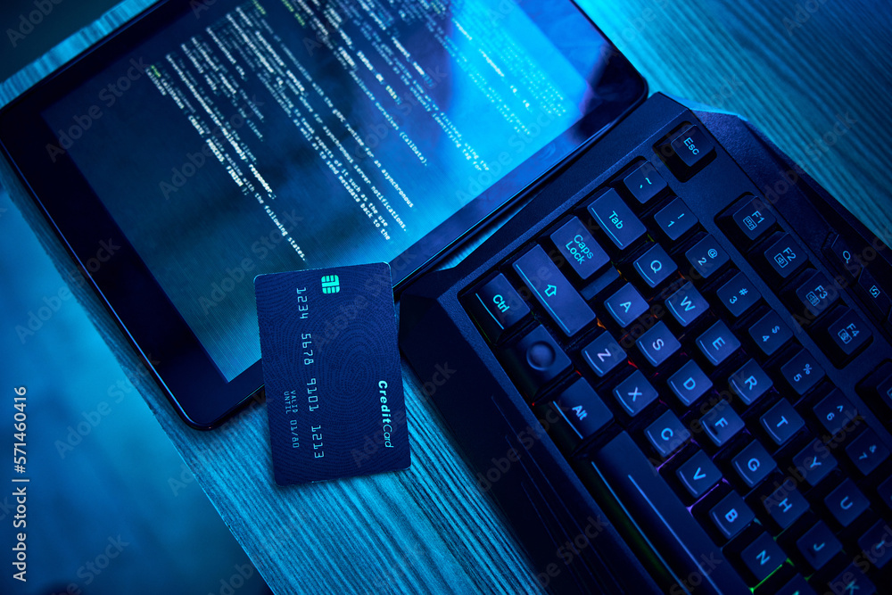 Poster Information technology, hacking and credit card for cyber security crime, phishing and software on digital tablet. Html script, screen and fintech of data fraud, password and coding on dark neon desk