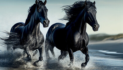 Obraz na płótnie Canvas Friesian horses running through the water, (Created with Generative AI technology)