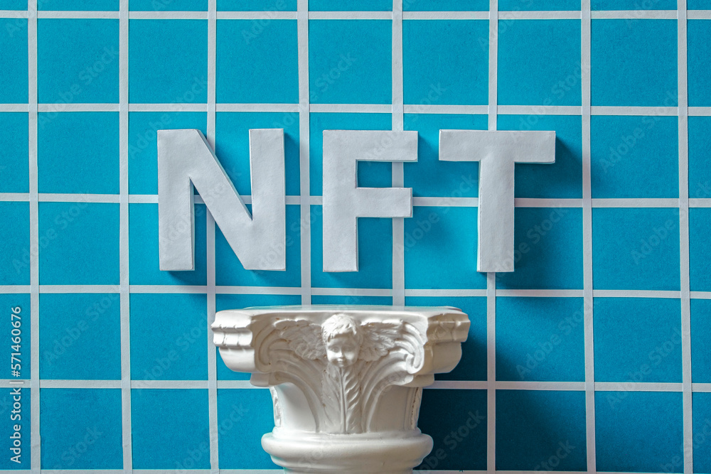Poster nft 3d text and antique column in cyber space in the style of vaporwave. minimal digital art concept
