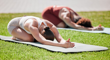 Fitness, woman and yoga on grass for spiritual wellness, healthy exercise or stretching on mat in...
