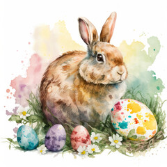  Watercolour illustration easter bunny and easter eggs Generative AI	