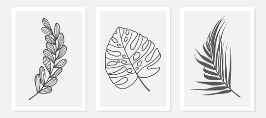  Foliage line art leaf drawing with abstract shape. Abstract Plant Art design for print, cover, wallpaper, Minimal and natural wall art. Vector illustration.