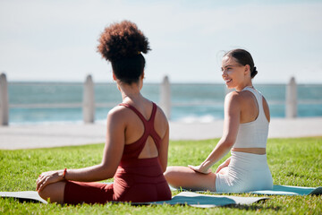Yoga, park and young couple of friends or women for zen fitness, exercise and mindfulness, healing...