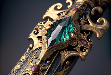 Fototapeta premium Sword hilt with gems closeup. Generative AI