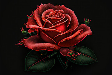 Bright red rose in close-up, placed on a black background to highlight its color. Realistic illustration style. Generative AI