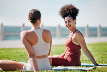 Yoga, park and couple of friends or women talking of fitness, exercise and wellness class in...