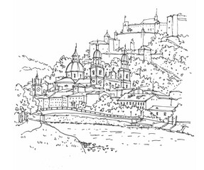 Fototapeta premium Sketch illustration, panorama of Salzburg, Austria, Europe. Freehand drawing. Sketchy lineart drawing with a pen on paper. Sketch in black color isolated on white background.