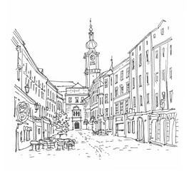 Travel sketch of Linz, Austria. Historical building line art. Freehand drawing. Hand drawn travel postcard. Hand drawing of Linz. Urban sketch in black color isolated on white background.