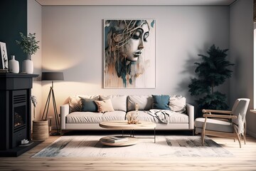 Modern living room with sofa sets and paintings. Photo generative AI