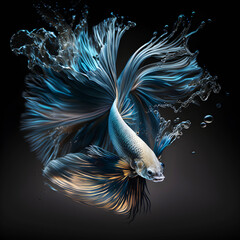 Painting-like of a siamese betta fighting fish showing it beautiful tail with water splashes on black background. Shallow depth of field. Created with generative AI technology.