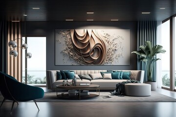 Luxurious Interiors of a Modern Living Room in Cannes (France): A Fully Furnished Living Room for Apartment Design. Photo generative AI