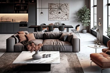 Spacious and luxurious modern living room with lounge and dining areas. Photo generative AI