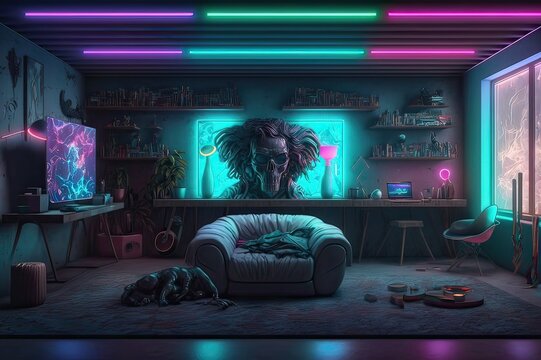 Designing a Modern Video Gamer Room in London: Neon Lightning, Comfortable Couch, Artistic Painting, Projector and Video Gaming Computer. Photo generative AI