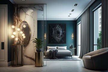 Interior of five-star hotel suite with bathroom. Photo generative AI