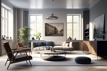 Large and fully furnished luxurious modern living room. Photo generative AI