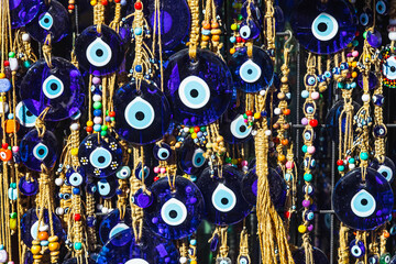 tourist souvenirs, decorated with a large number of blue nazar stones from the evil eye