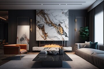 Luxury apartment living room interior with sofa, leather armchairs, coffee table, fireplace and TV screen on the marble wall. Photo generative AI