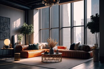 Lounge area with sofa and coffee table against window with city view. Photo generative AI