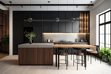 Luxurious Toronto Loft Kitchen: Modern Interior Design with Large Island and Bar Chairs. Photo generative AI