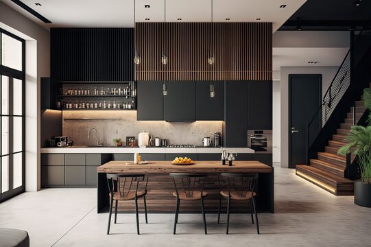 Luxurious Loft Kitchen: Modern Interior Design with Large Island and Bar Chairs. Photo generative AI
