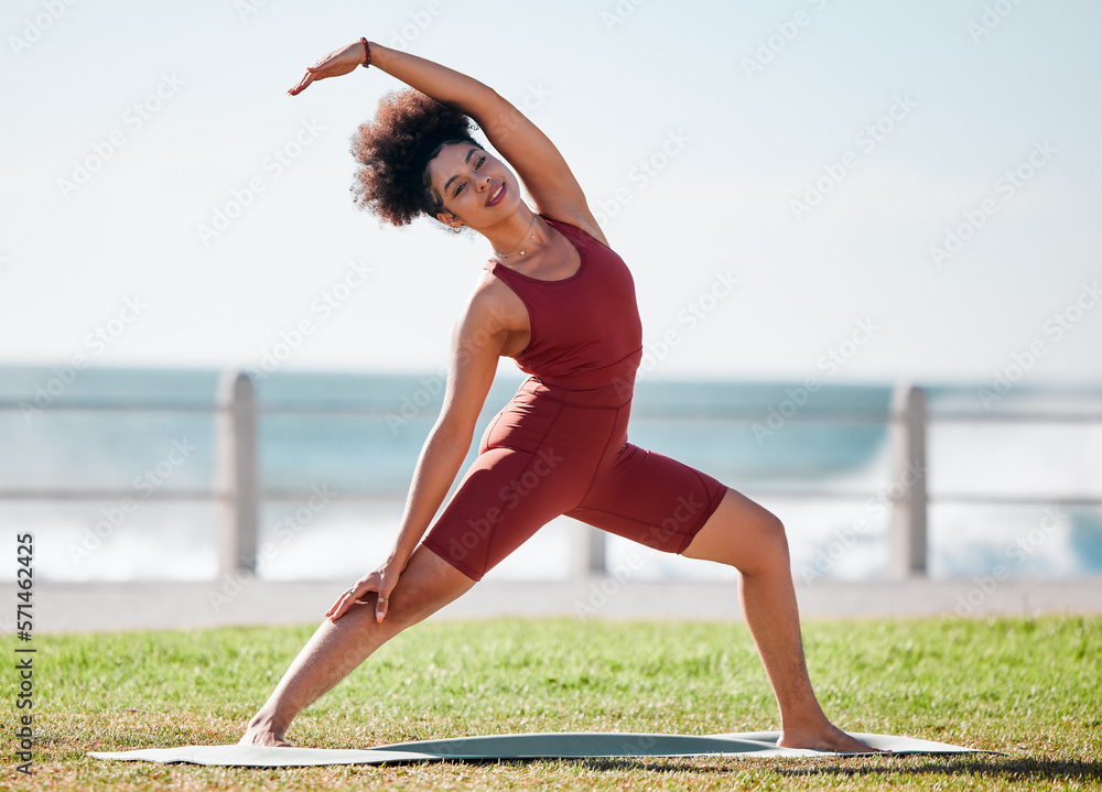 Canvas Prints Fitness, stretching and black woman for yoga on grass for healthy lifestyle, body wellness and cardio workout. Sports, pilates and girl doing meditation, training and exercise for zen, peace and calm