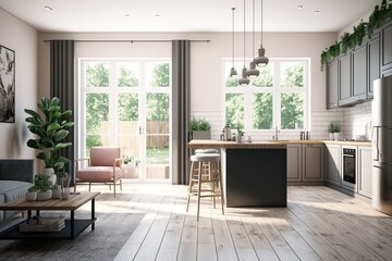 Fototapeta premium Side View Of Open Plan Kitchen With Living Room And Garden View. Photo generative AI