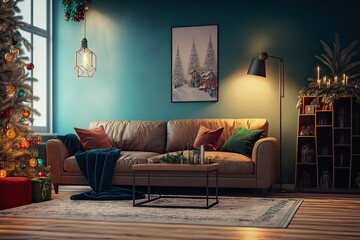 Bohemian Style Living Room Design With Christmas Decoration. Photo generative AI