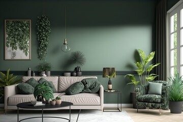 Modern Living Room Interior: Green Plants, Sofa And Wall Background in Berlin. Photo generative AI