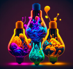 A variety of multi-colored and sized bulbs on a black background, giving a modern stylized feel and visual impact. Bright colors and stylish look. Generative AI