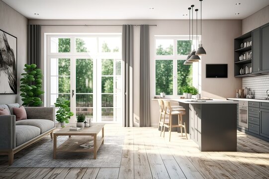 Modern Apartment Interior Design: Open Plan Kitchen With Living Room, Garden View From The Window in Berlin. Photo generative AI